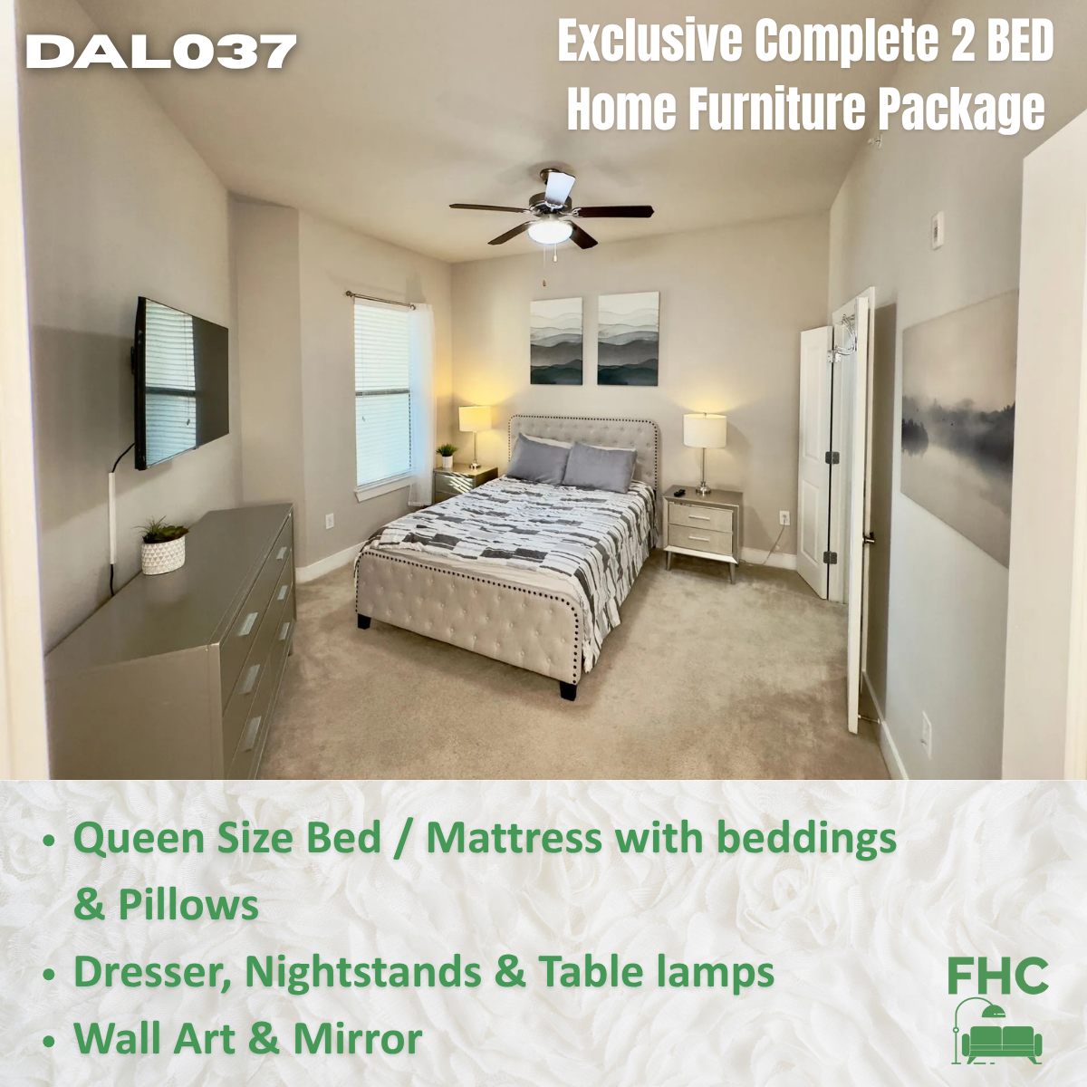 Bedroom with furniture package: queen bed, dresser, nightstands, lamps, wall art. Text reads 