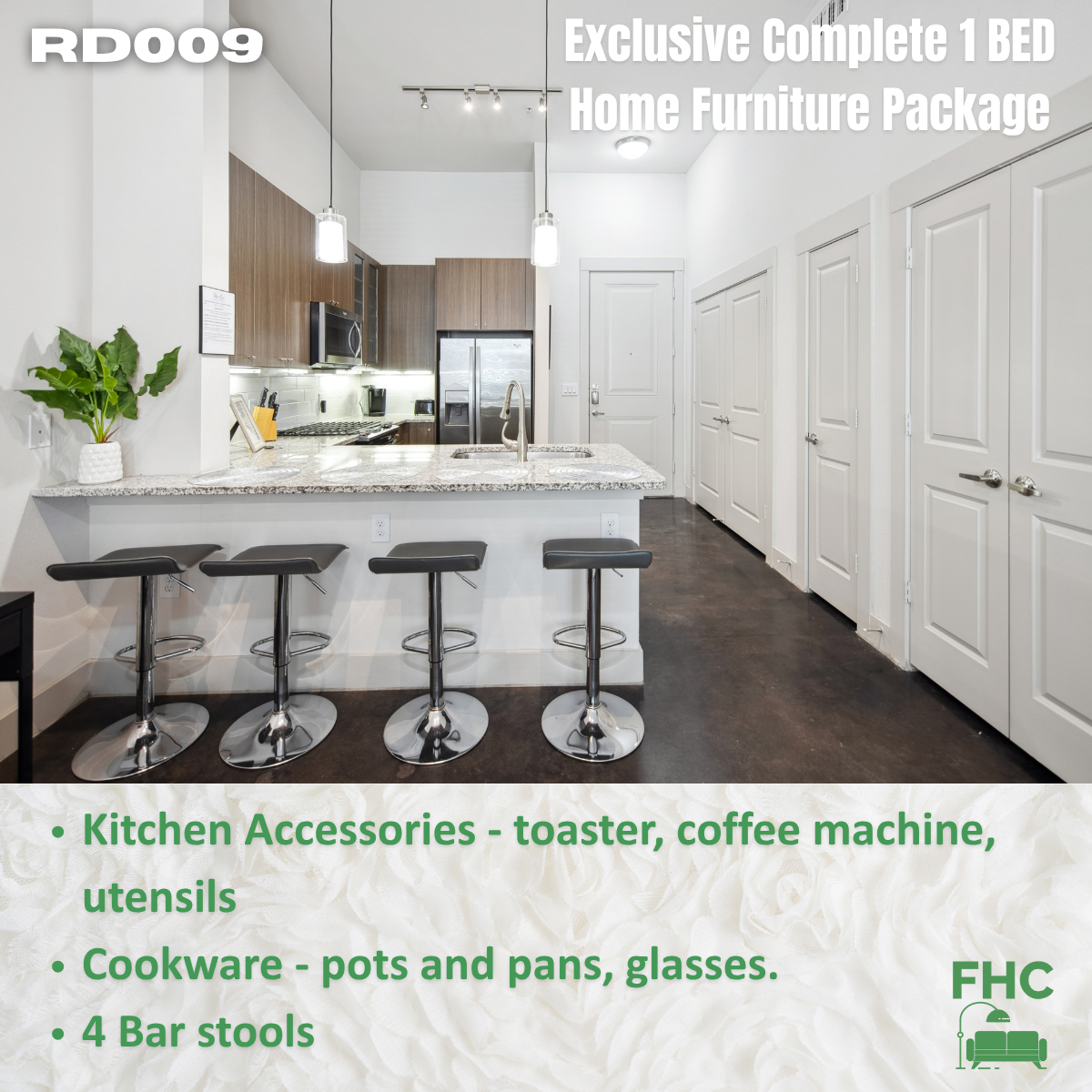 A kitchen with bar stools, appliances, and a home furniture package offer.