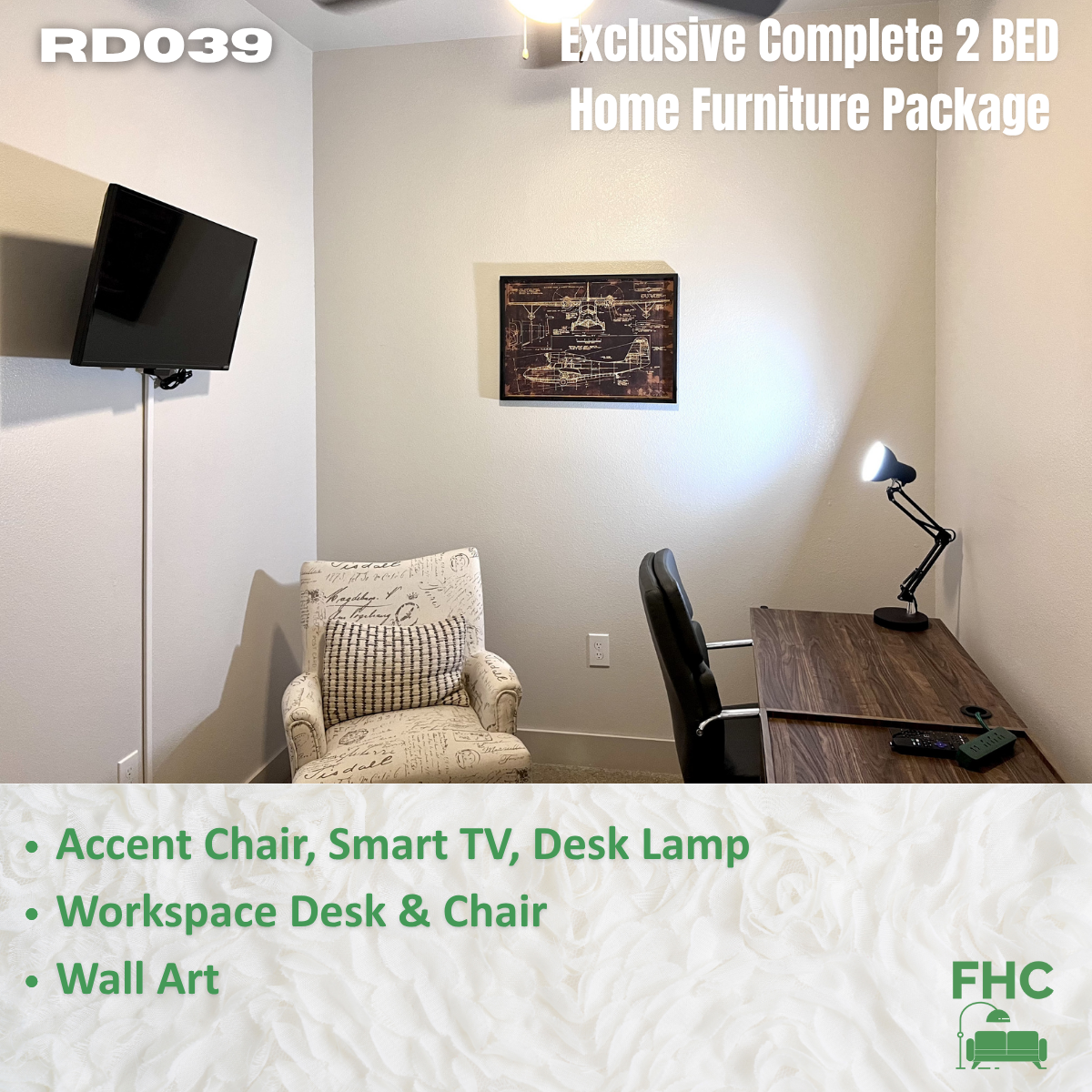 A furnished home office with a desk, chair, accent chair, TV, and wall art, presented in a marketing image for a complete 2-bedroom furniture package.