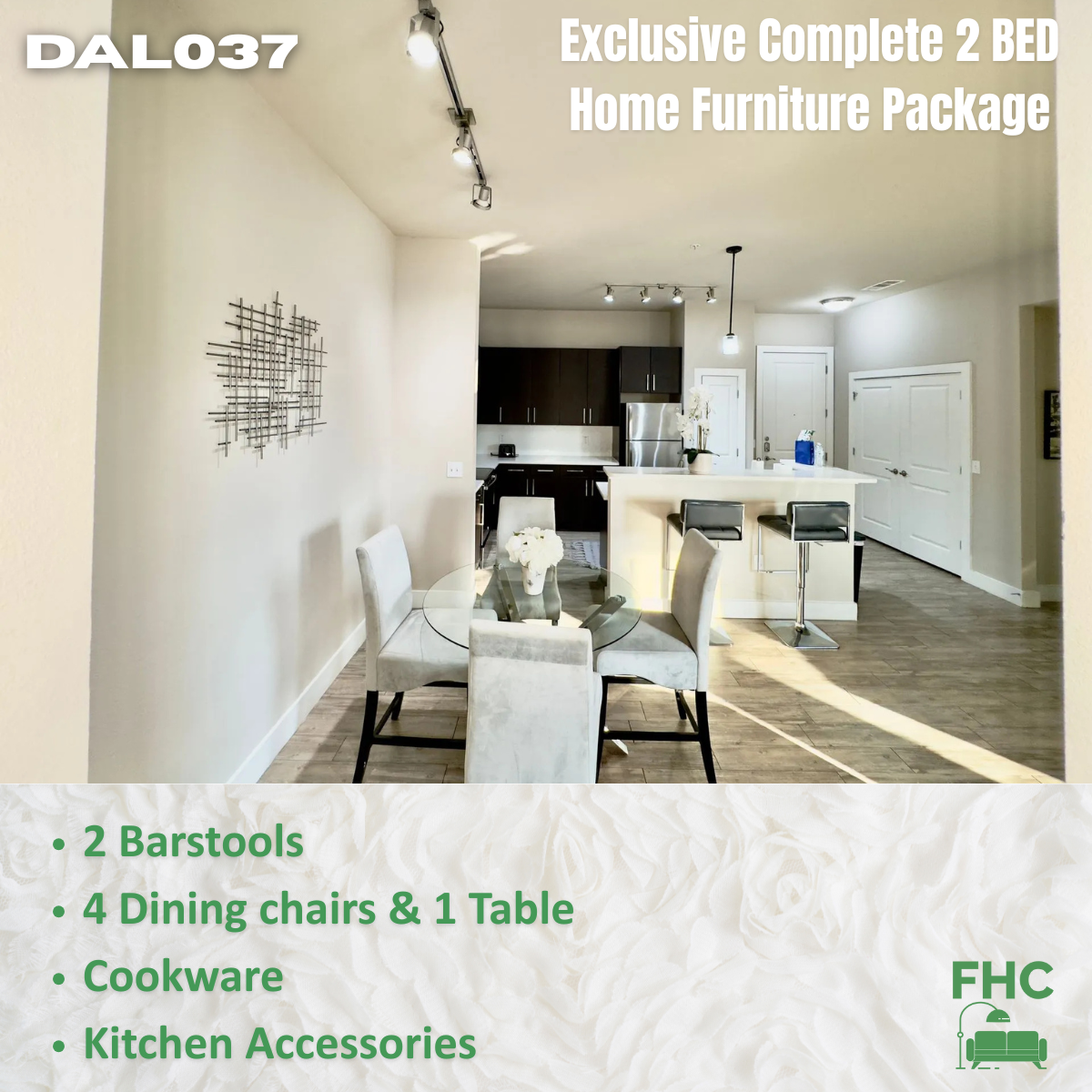 Interior view of a furnished apartment with a dining set, barstools, and kitchen accessories.