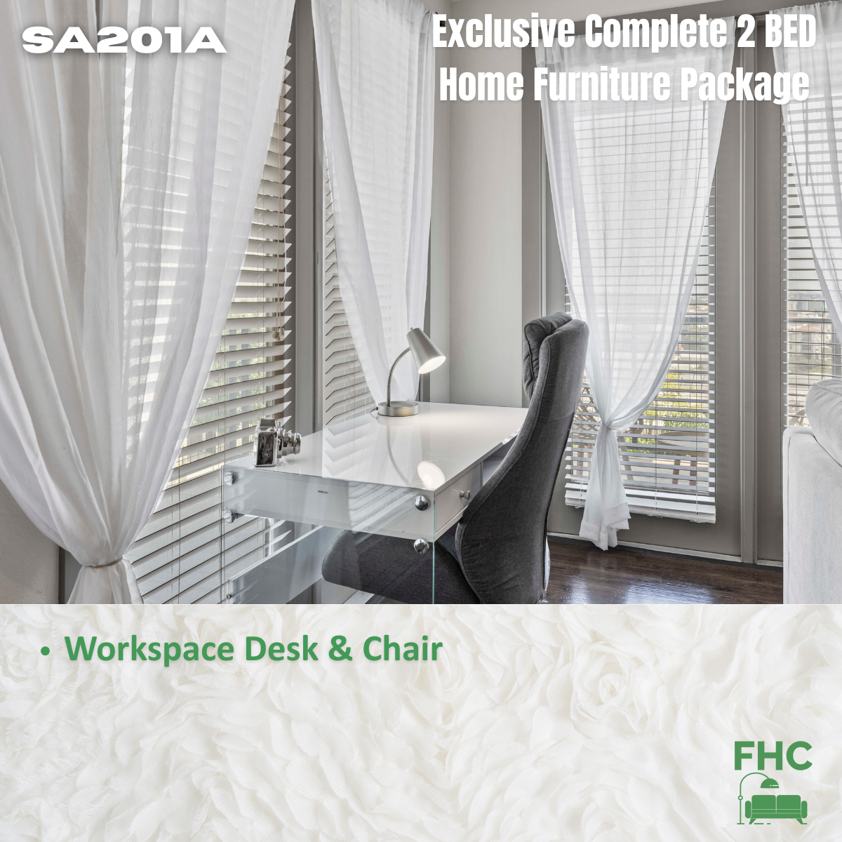 Workspace desk and chair in a room with sheer curtains and blinds.