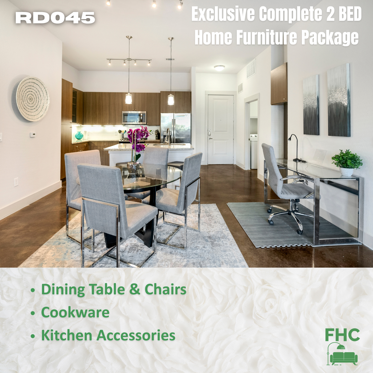 Living area with dining set, desk, and kitchen in a home furniture package advertisement.