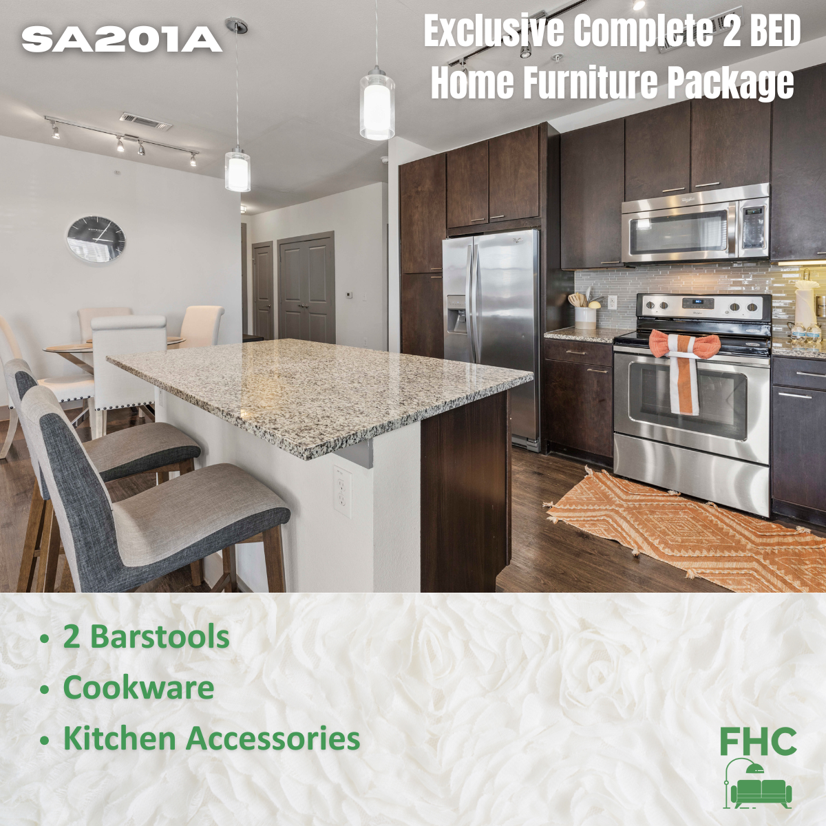 Kitchen with a granite countertop island, stainless steel appliances, and a furniture package ad.