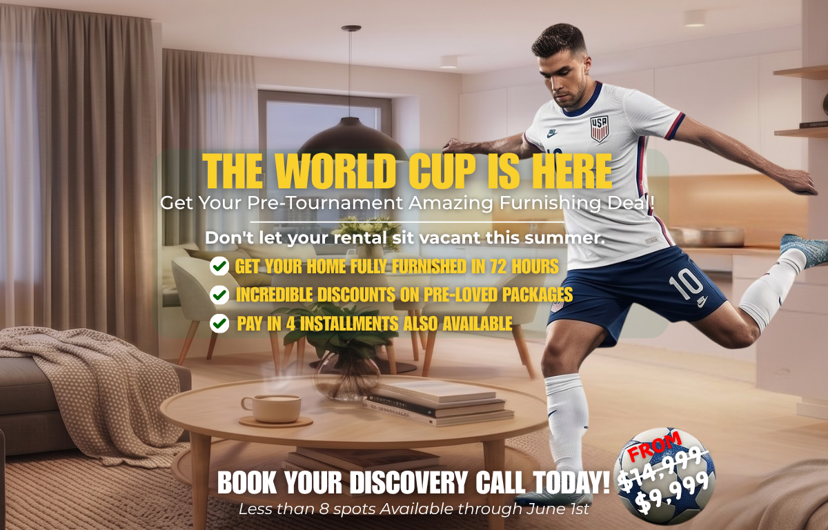 Furnishing sale ad: Living room scene, green background with text 