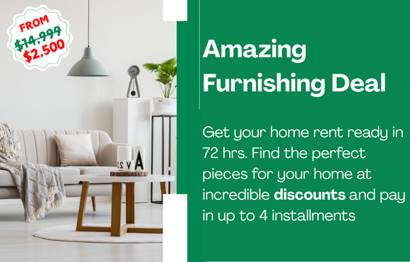 Furnishing sale ad: a living room scene next to green text with sale prices of $14,999 to $3,499.