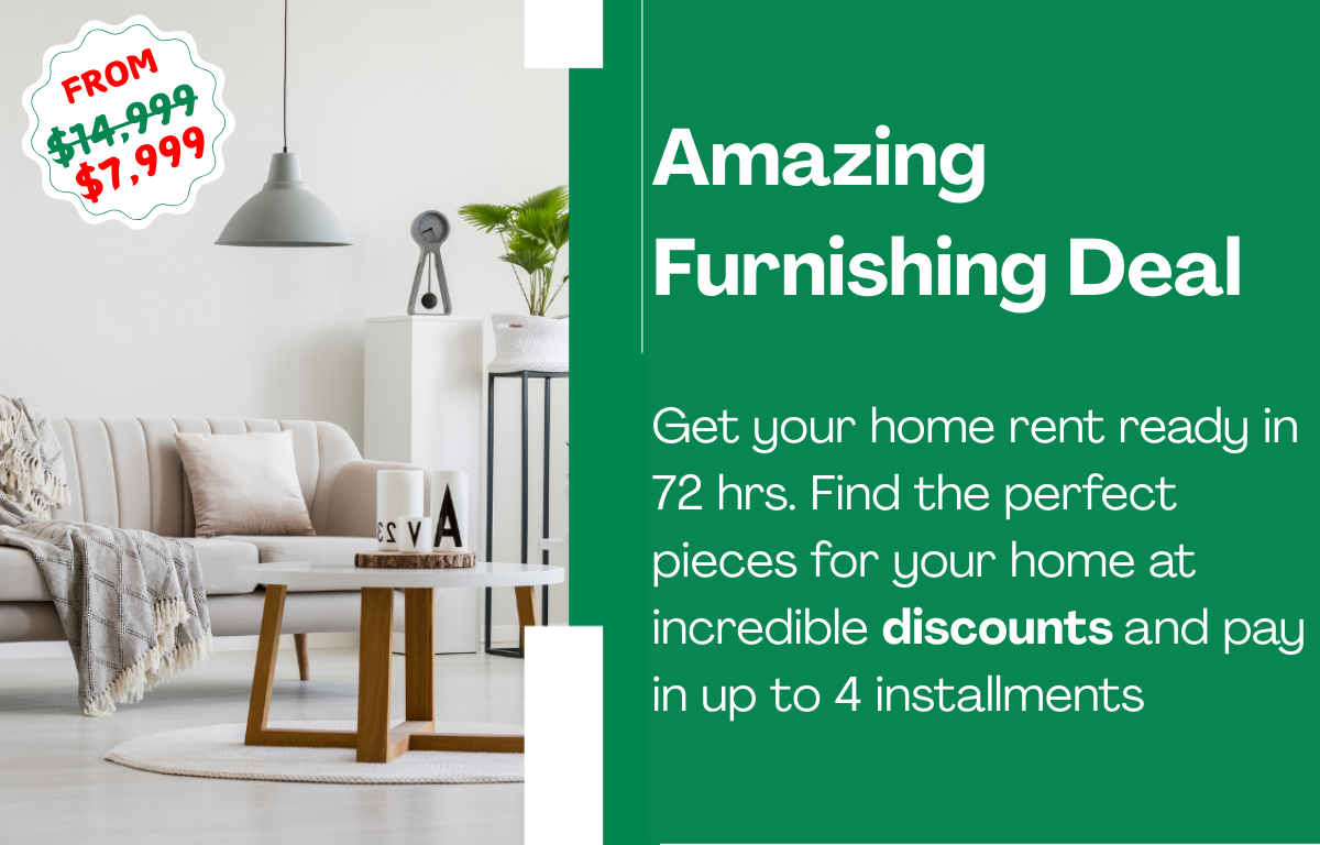 Furnishing sale ad: a living room scene next to green text with sale prices of $14,999 to $7,999.