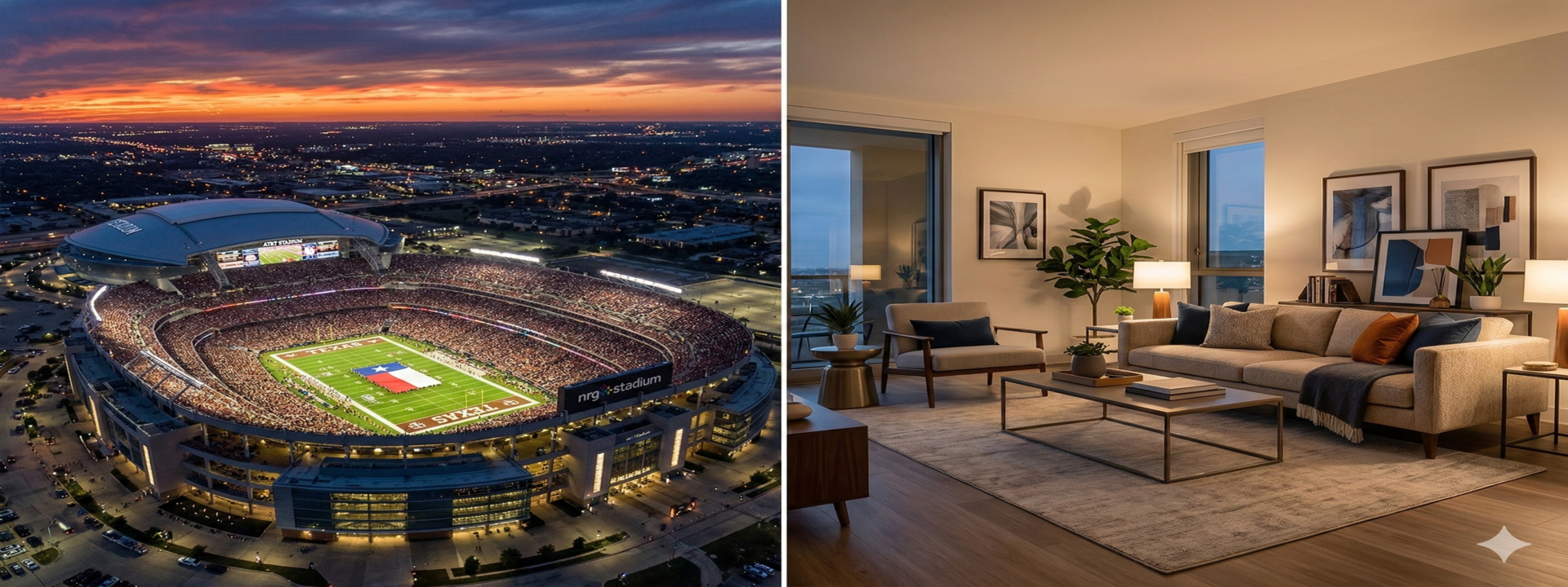 A split-screen showing a crowded, illuminated football stadium at sunset beside a modern, warm-toned apartment living room.