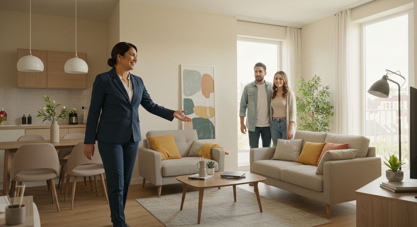 Empty room transforming into furnished living space; blonde woman sits on couch, looking at her phone.
