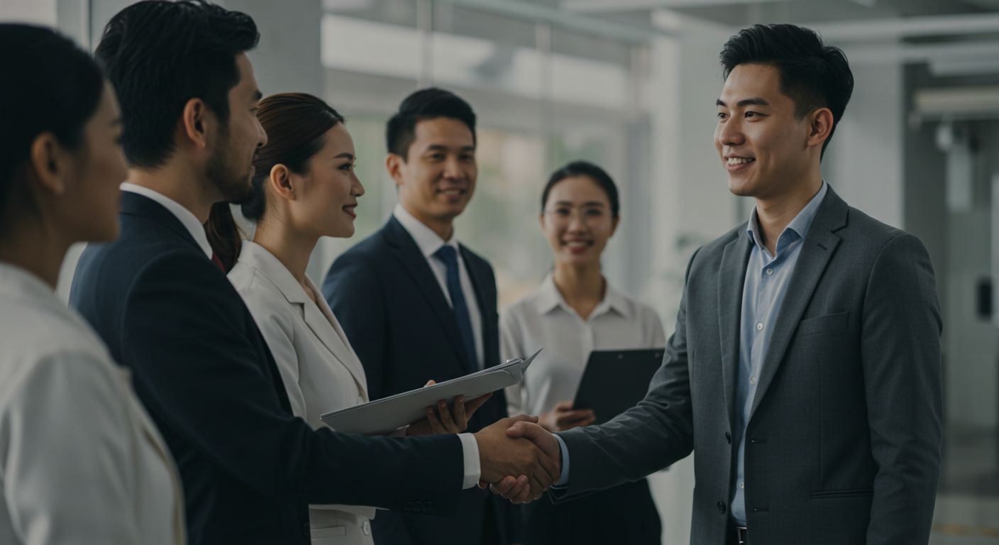 Businesspeople shaking hands in a modern office setting, smiling. Several colleagues stand around watching.