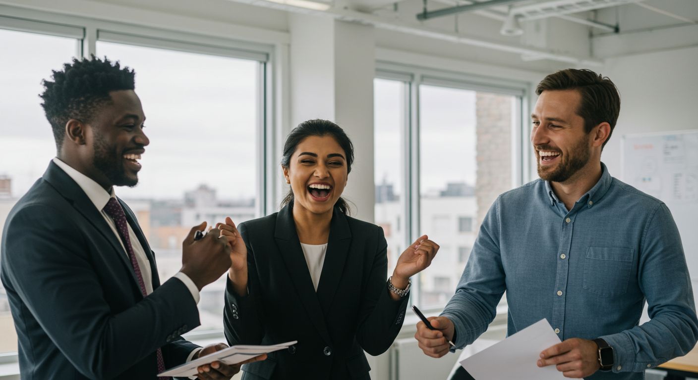 Three diverse businesspeople laughing in an office setting, celebrating with paperwork in hand.