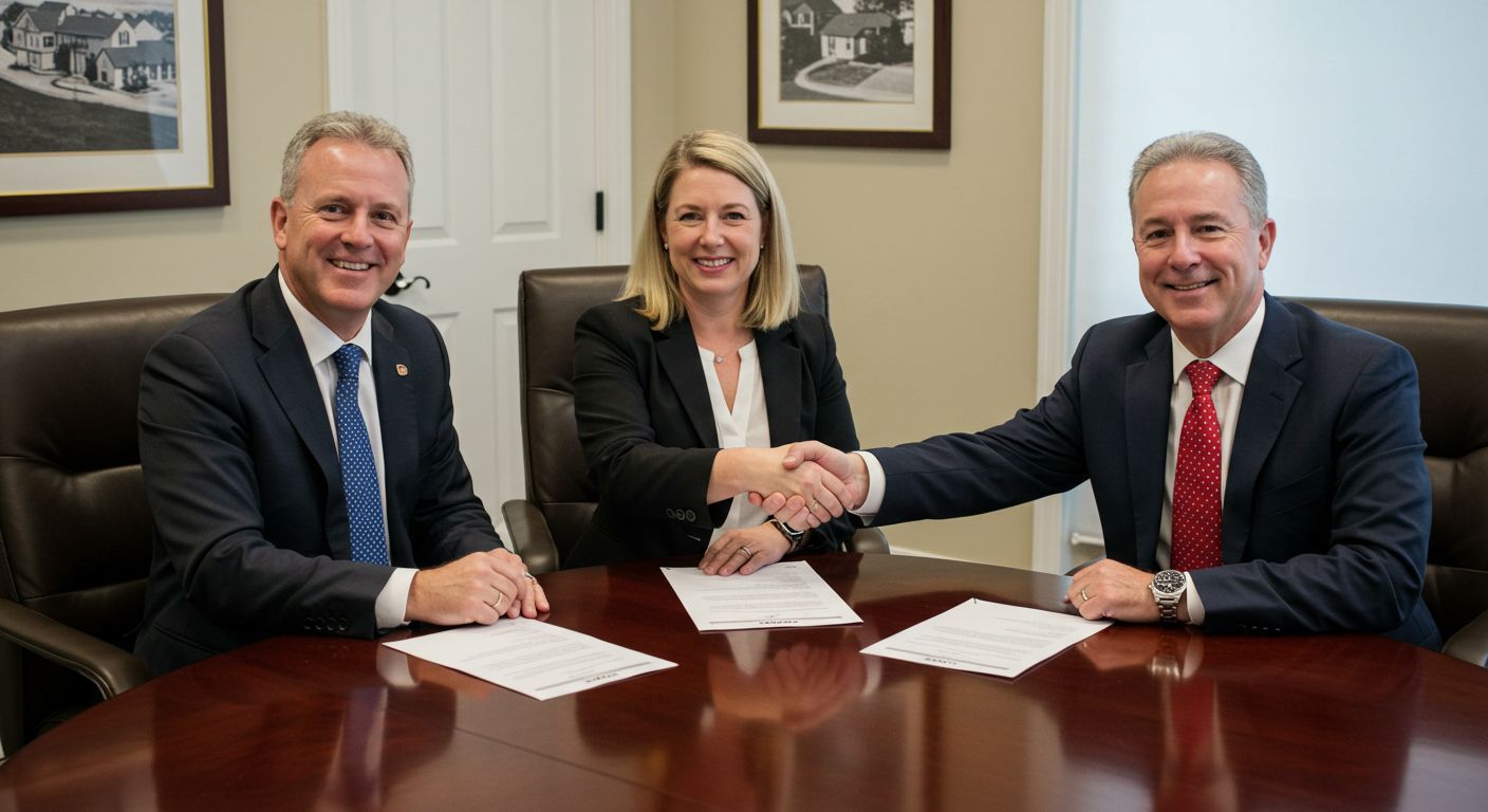 Landlord and tenant shaking hands over a signed lease with a consultant present