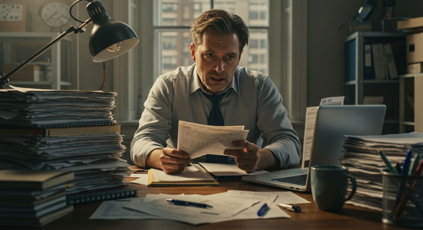 Landlord looking stressed at a desk piled with paperwork and bills