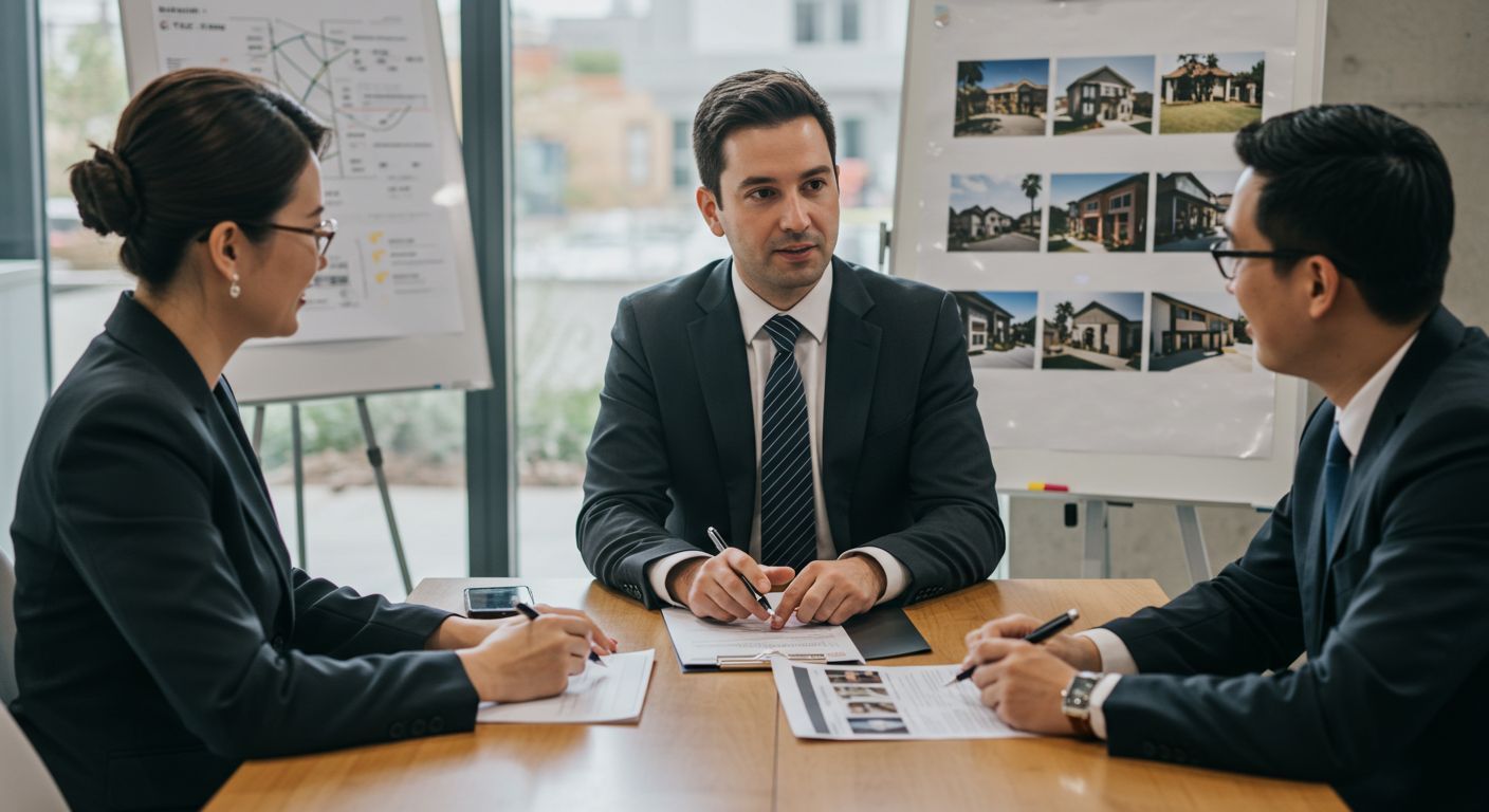 Housing consultant reviewing an apartment floor plan with clients