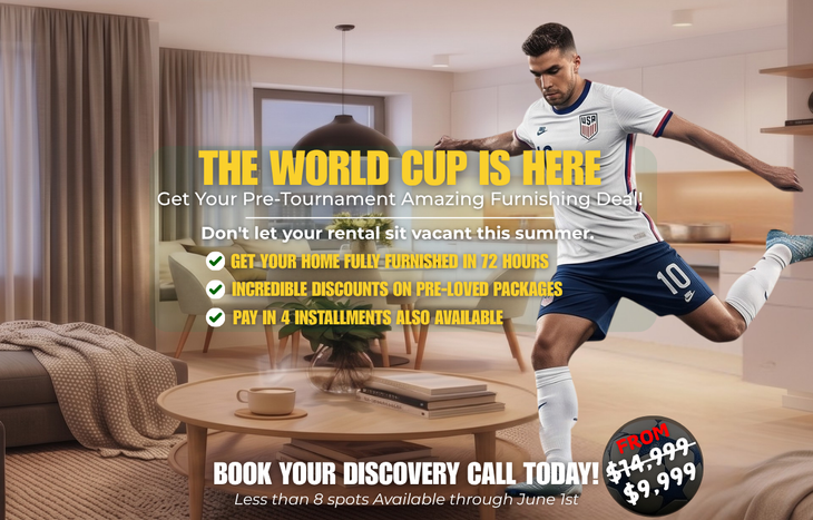 Furnishing deal ad with a living room and sale prices from $14,999 to $7,999, discounts, and payment in 4 installments.