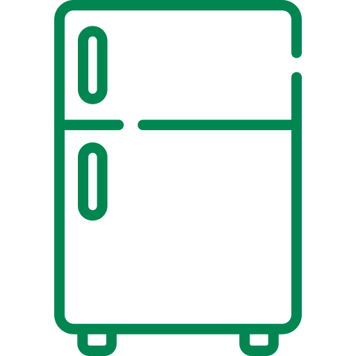 A green line drawing of a refrigerator on a white background.