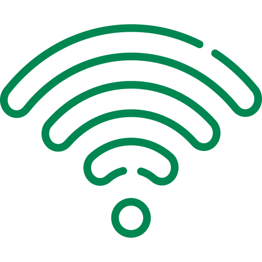 A green line drawing of a wifi signal on a white background.