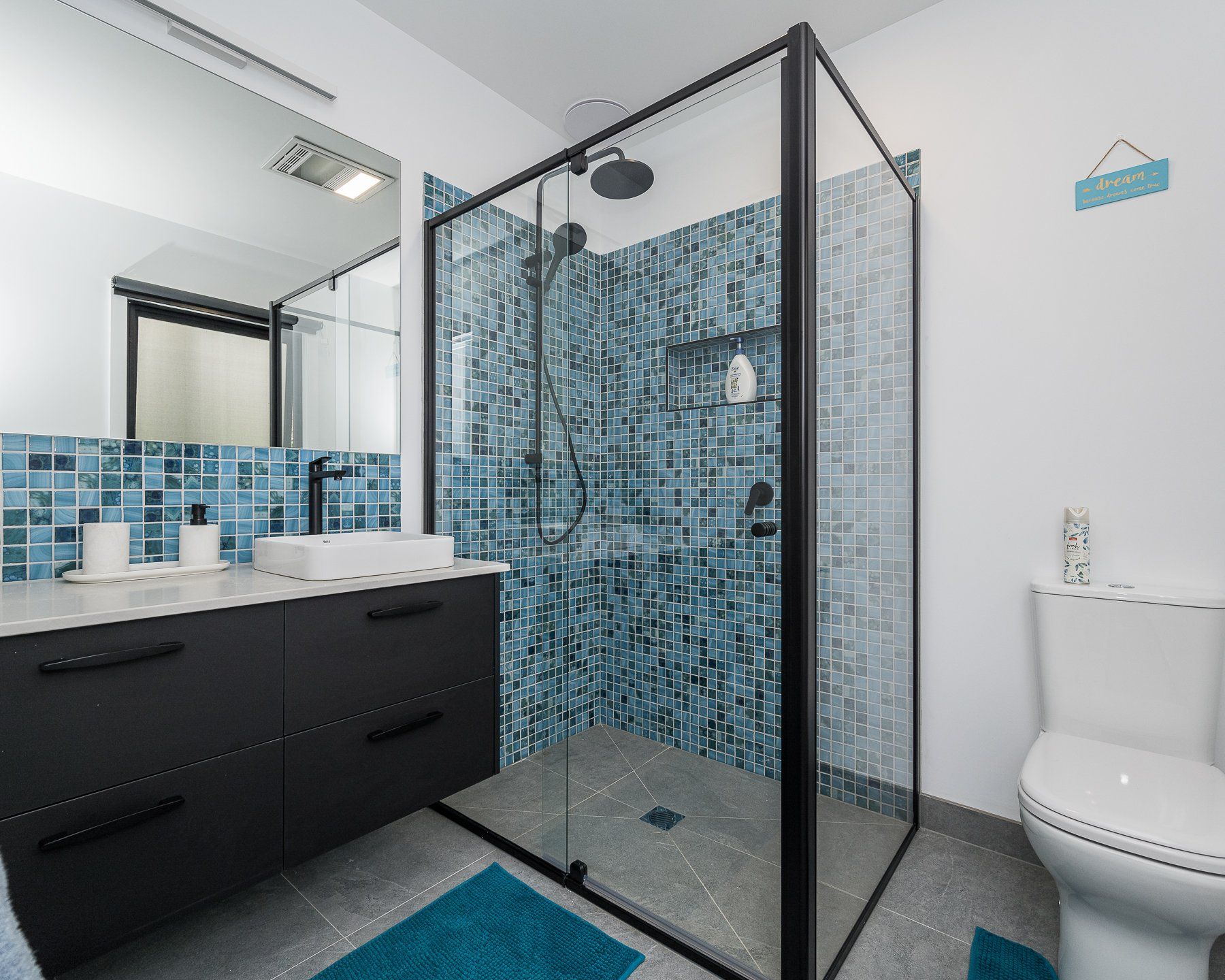 A bathroom with a walk in shower , toilet , sink and mirror.