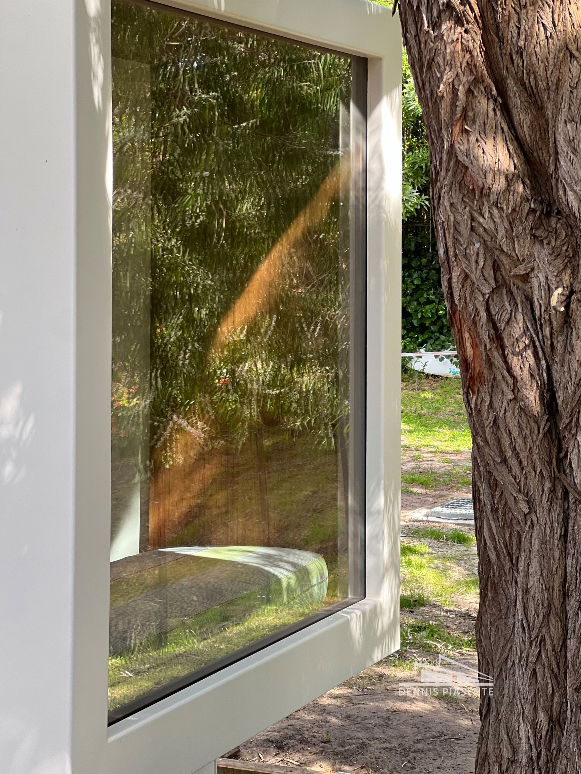 A white window with a reflection of trees in it is next to a tree.