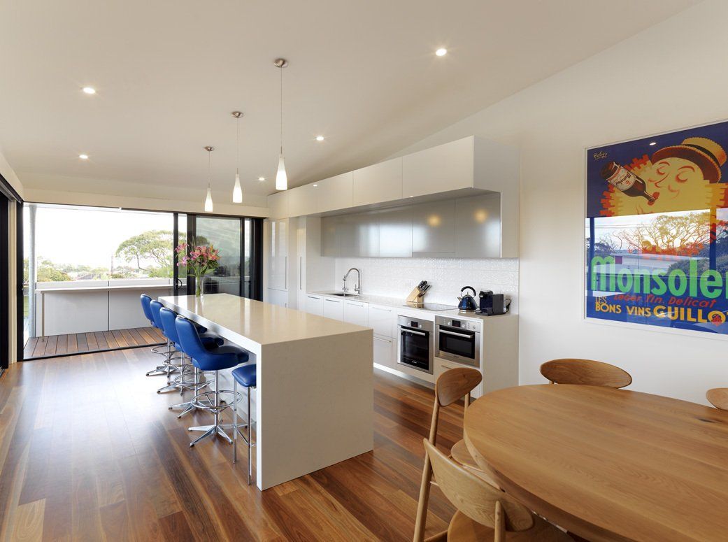 A kitchen with a table and chairs and a poster on the wall that says konsoler