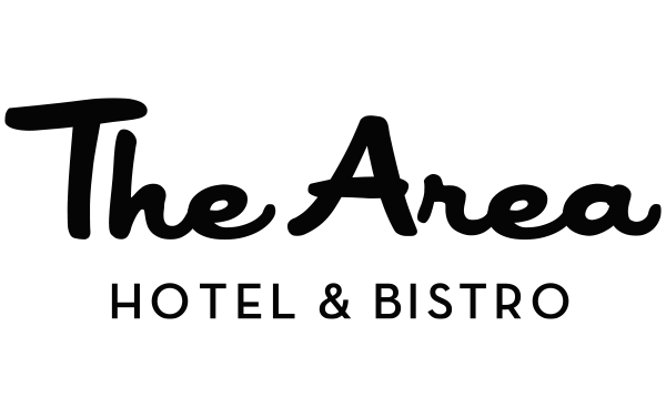 Logo for The Area Hotel & Bistro in black and white. The Area is written in cursive.