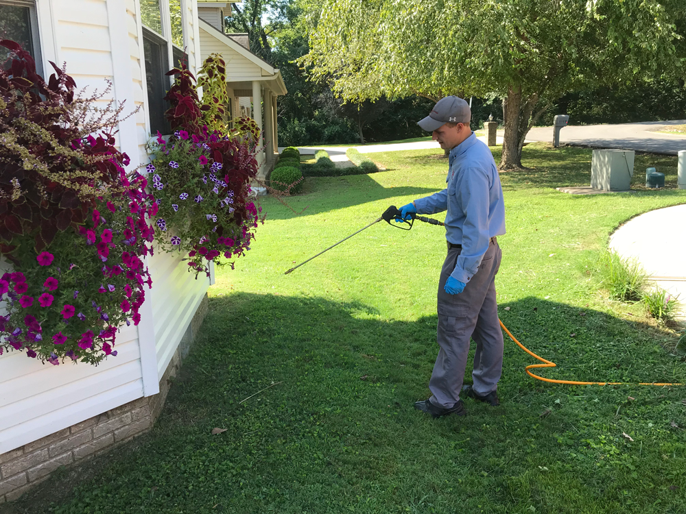a man is spraying a lawn with a hose in front of a house .