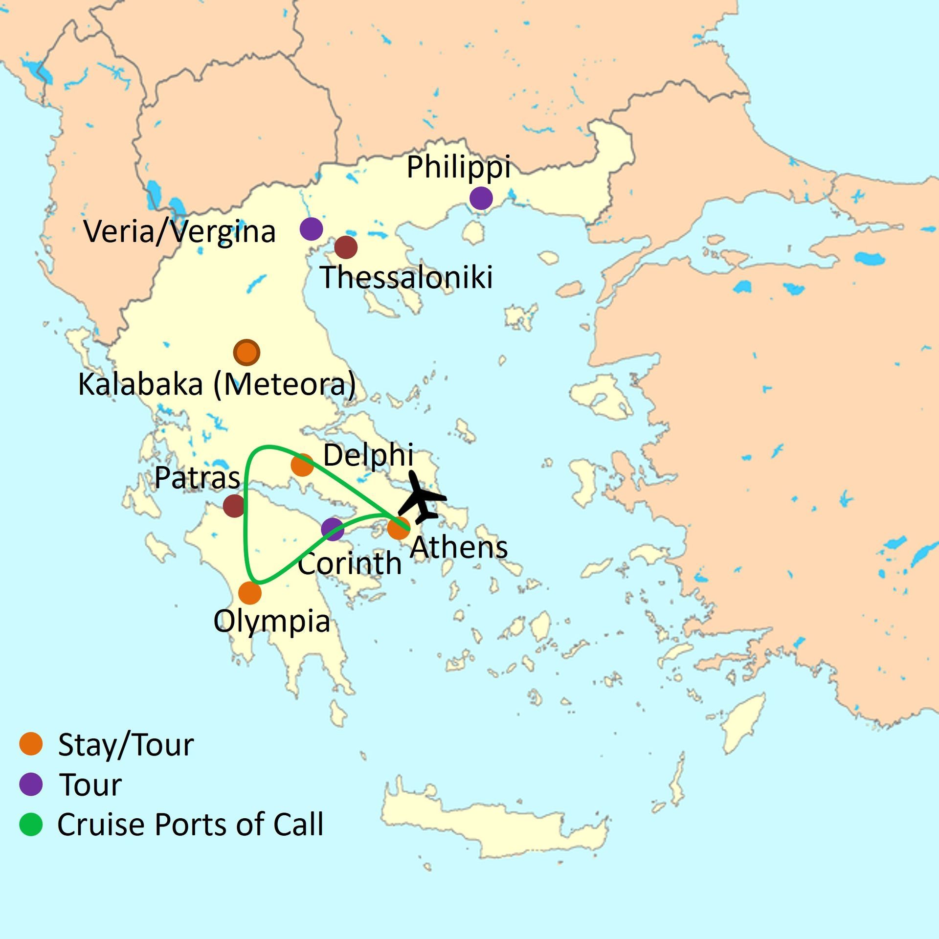 Map of touring route - Greece tour package 6 days / 5 nights