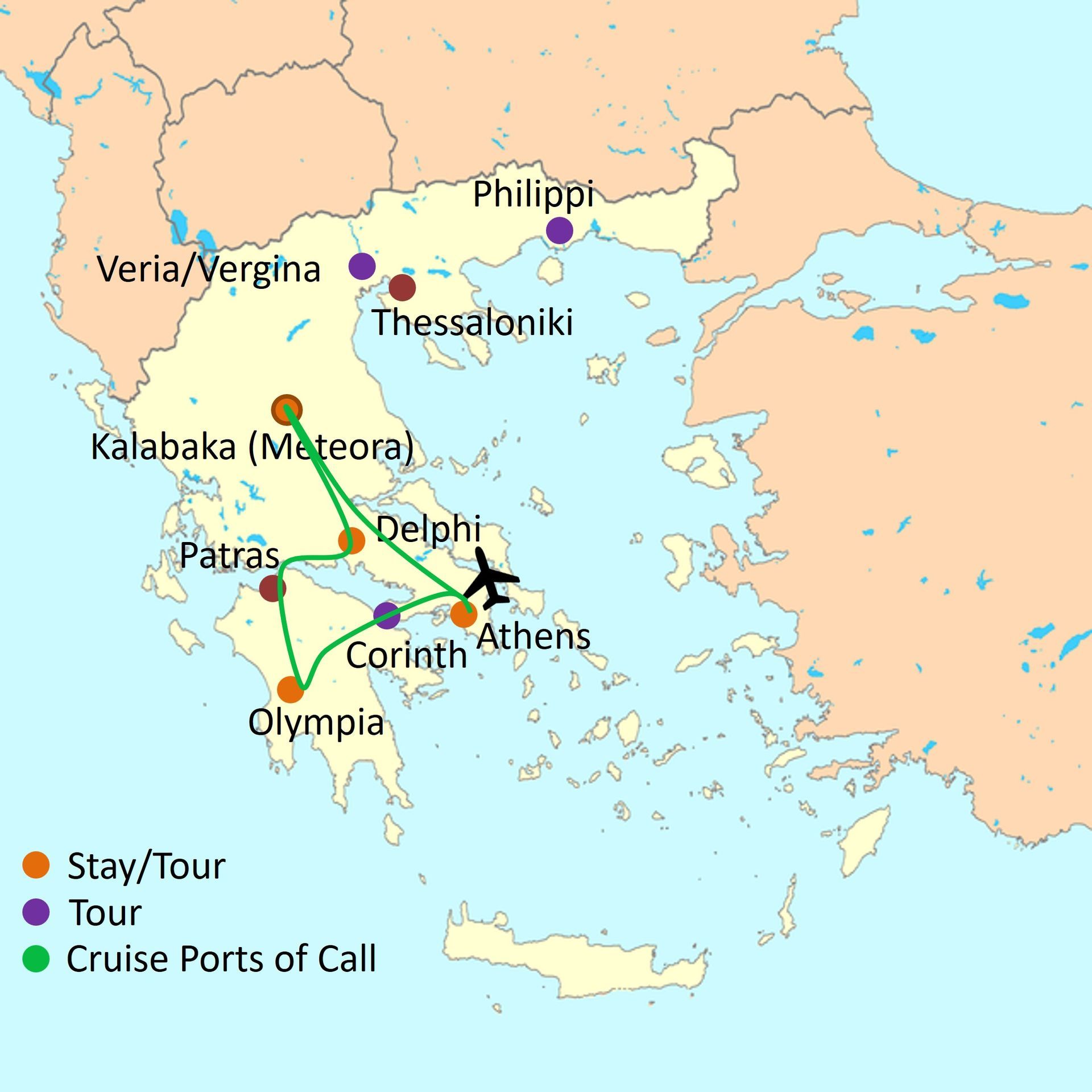 Map of touring route - Greece tour package 7 days / 6 nights