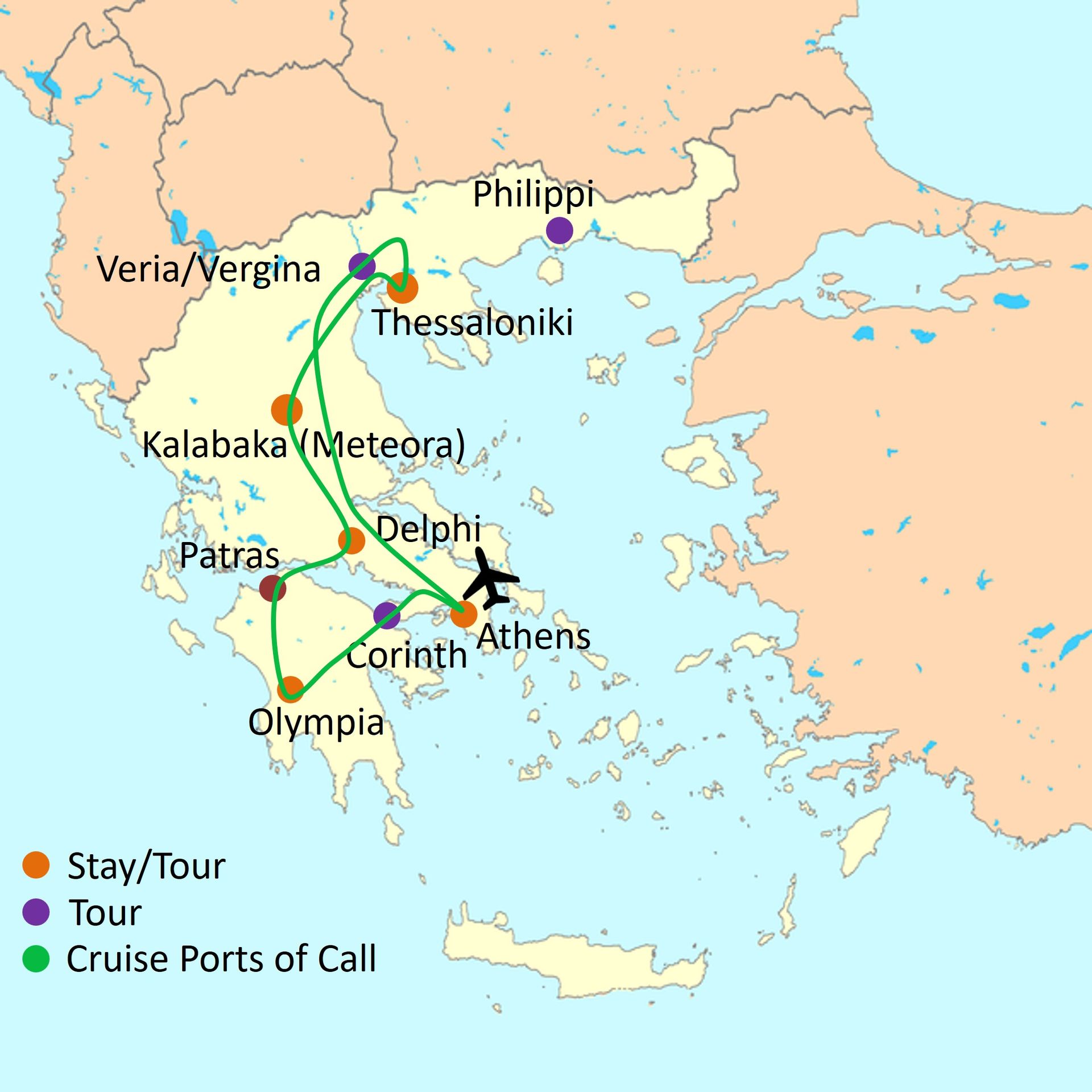 Map of touring route - Greece tour package 10 days / 9 nights