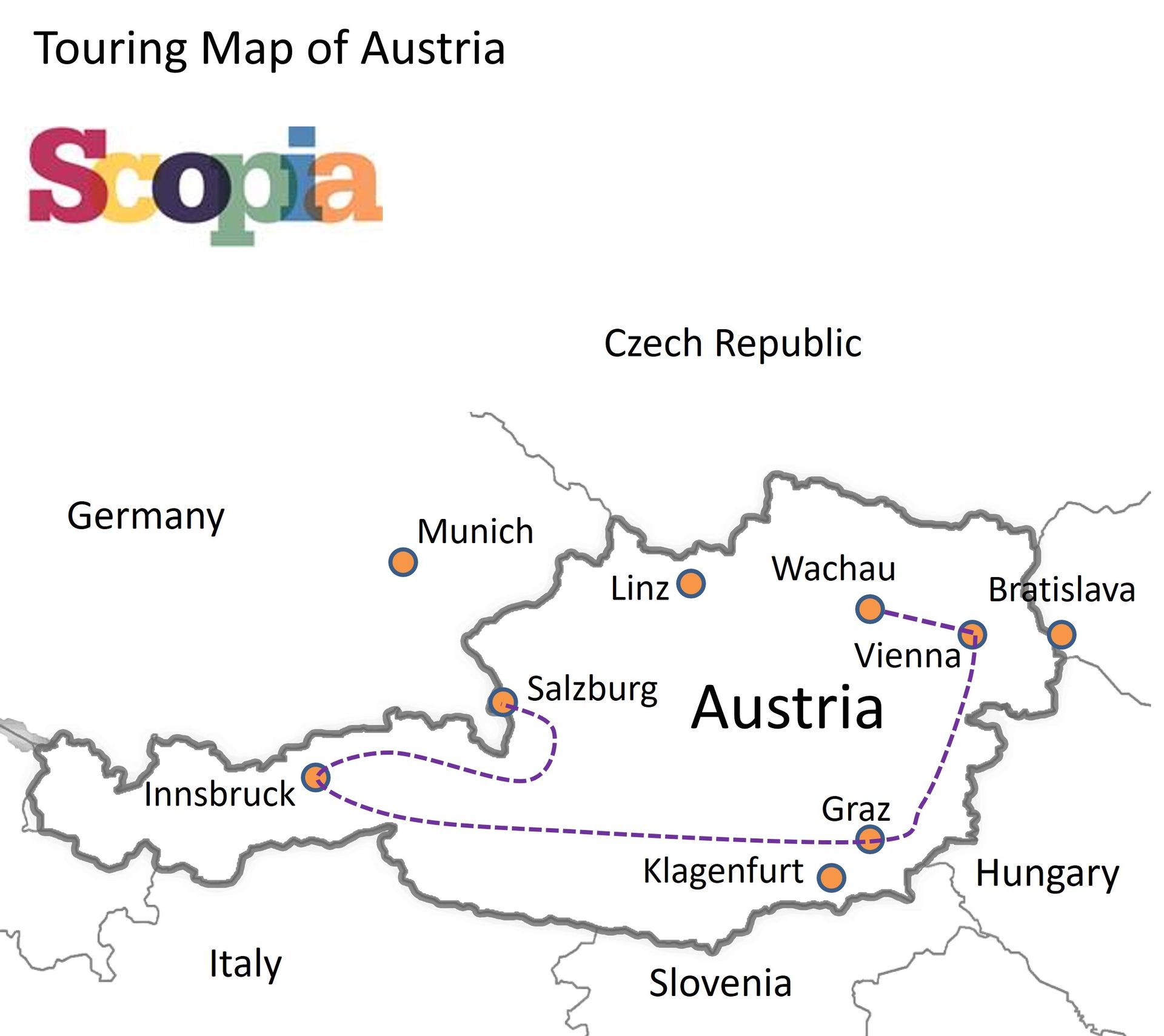 Map showing the touring route. Touring map of Austria