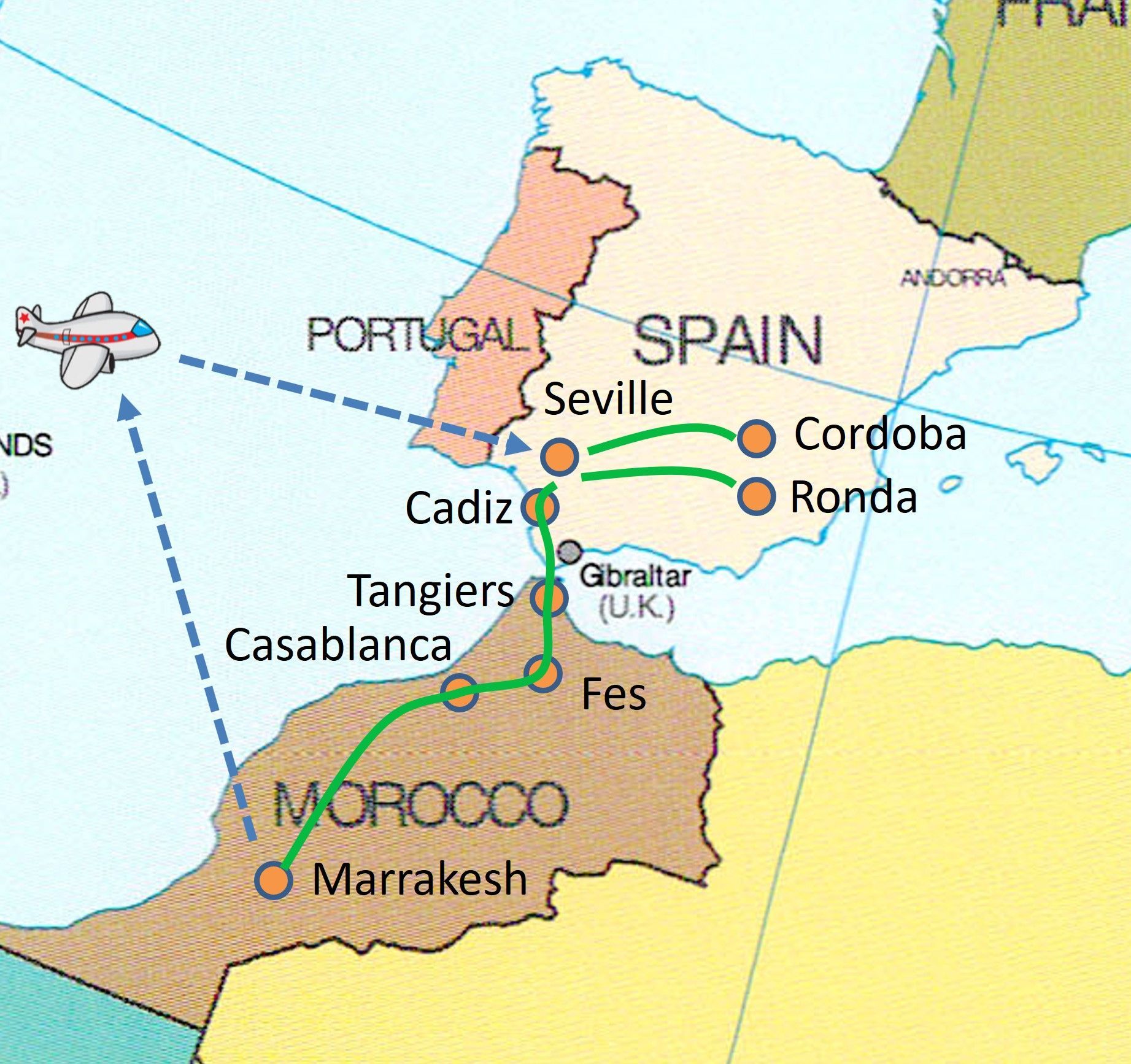 Touring map of Southern Spain and Morocco