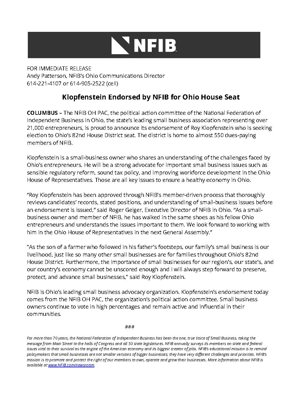 NFIB Endorsement Roy Klopfenstein