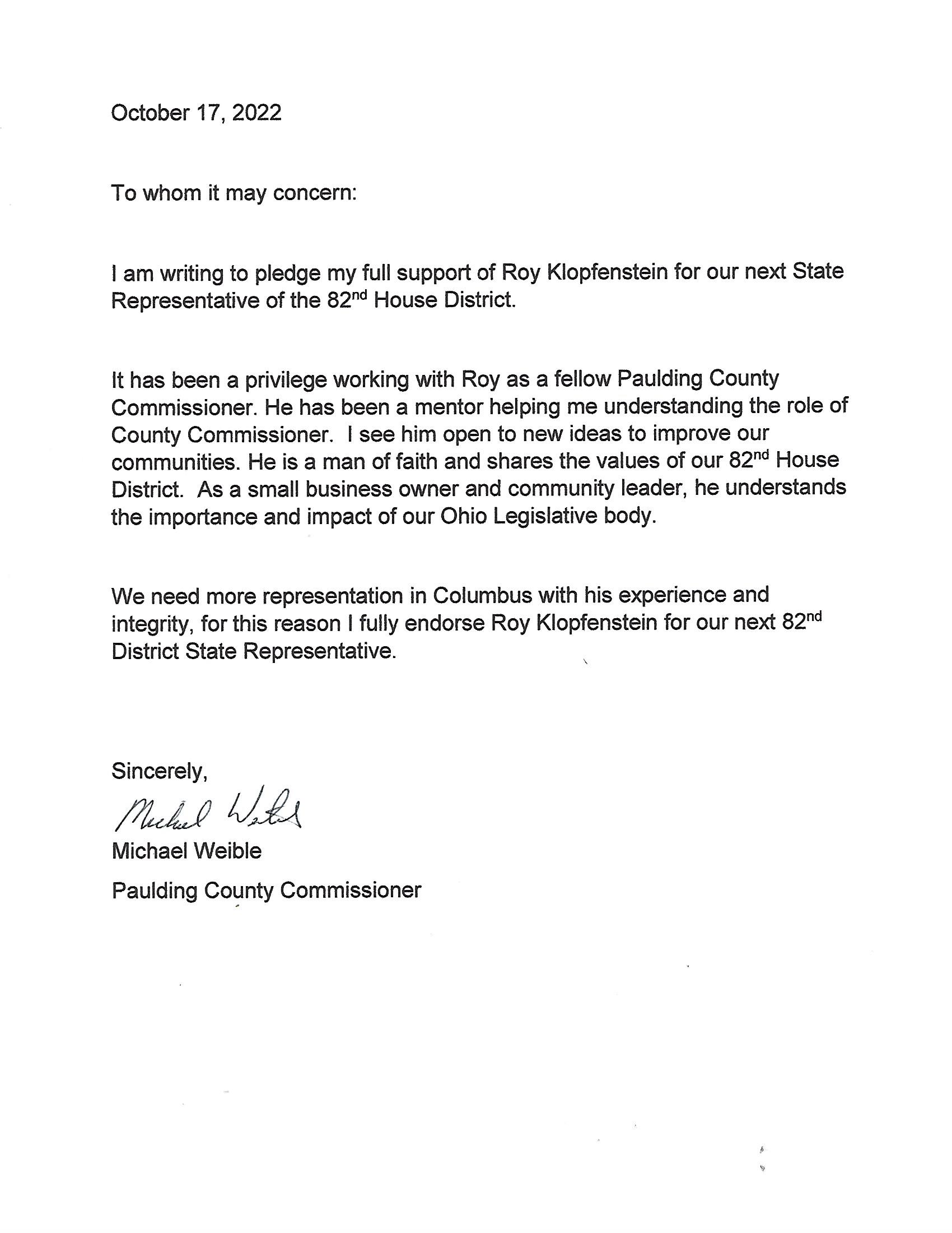 Paulding County Commissioner Michael Weible Endorsement