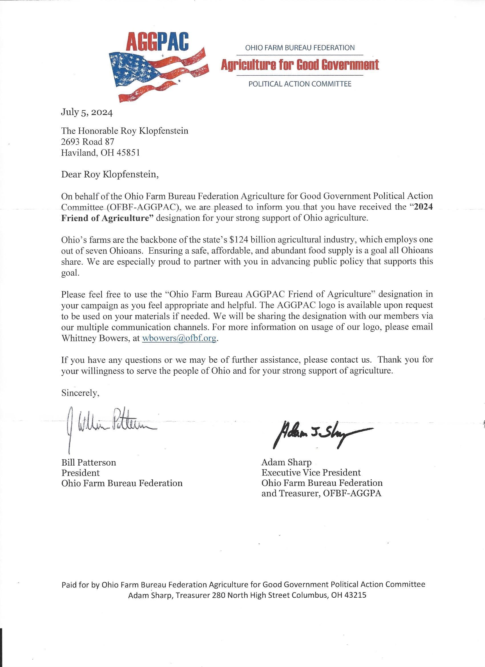 Ohio Farm Bureau Federation 2024 Friend of Agriculture Roy Klopfenstein