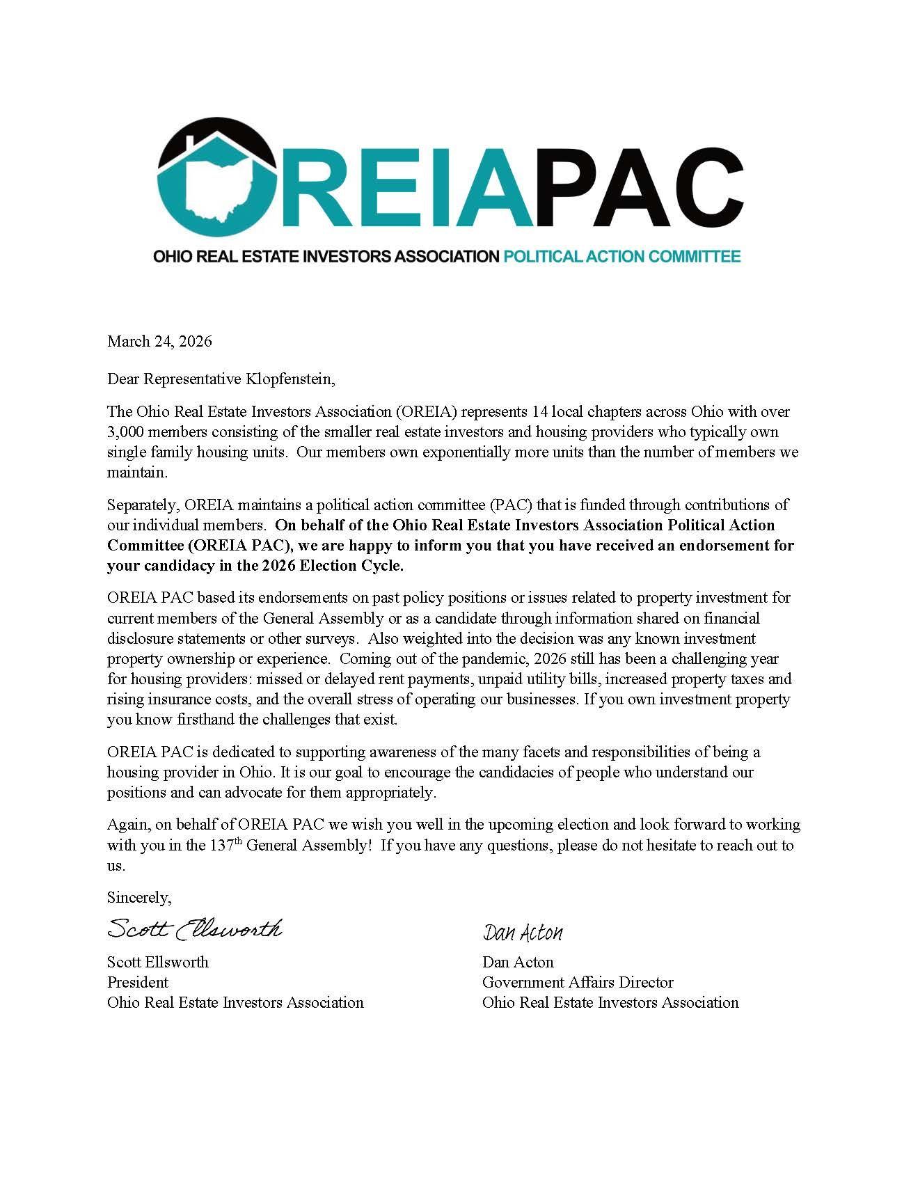 OREIA Ohio Real Estate Investors Association Endorsement of Roy Klopfenstein
