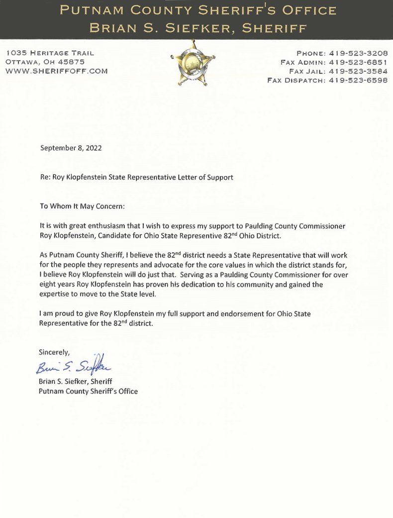 Putnam County Sheriff Brian Siefker Endorsement
