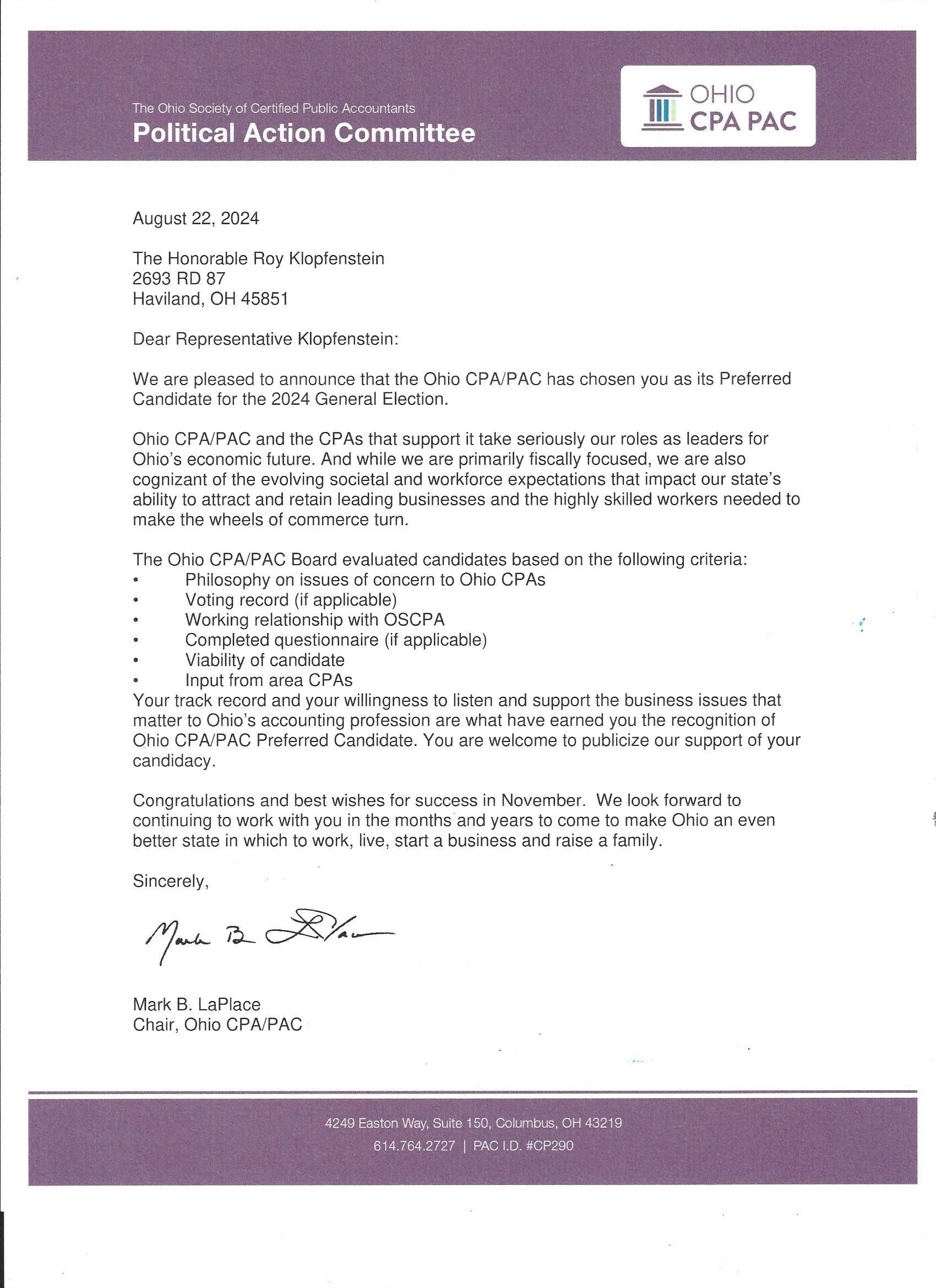 Ohio Society of Certified Public Accountants Endorsement of Roy Klopfenstein