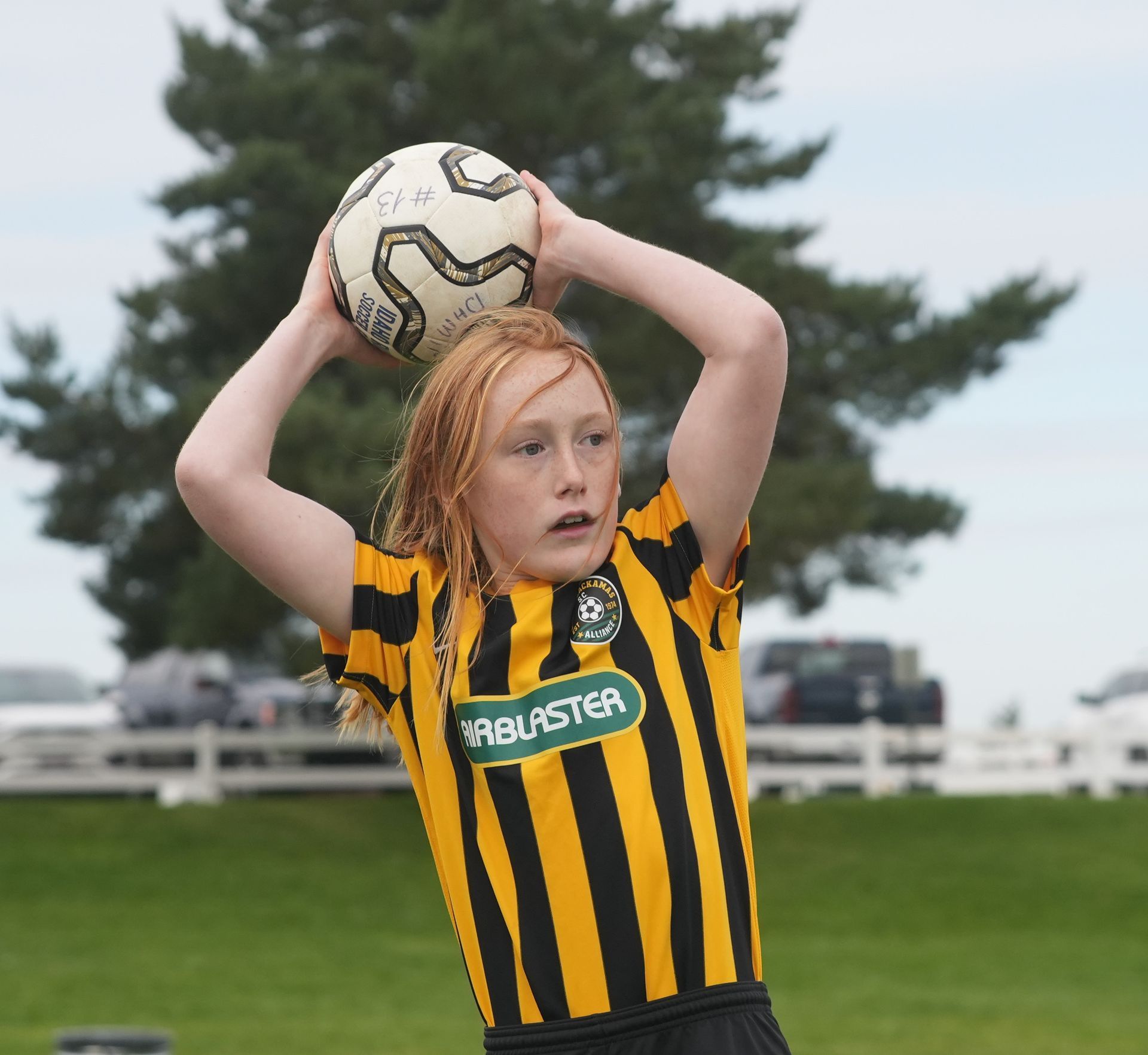 Soccer player in black and gold striped jersey prepares to throw the ball.