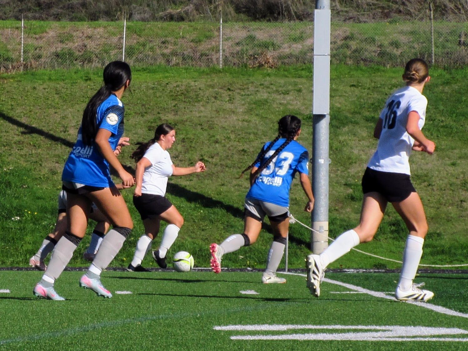 Women playing soccer on a green field; players in blue and white jerseys run toward the ball.