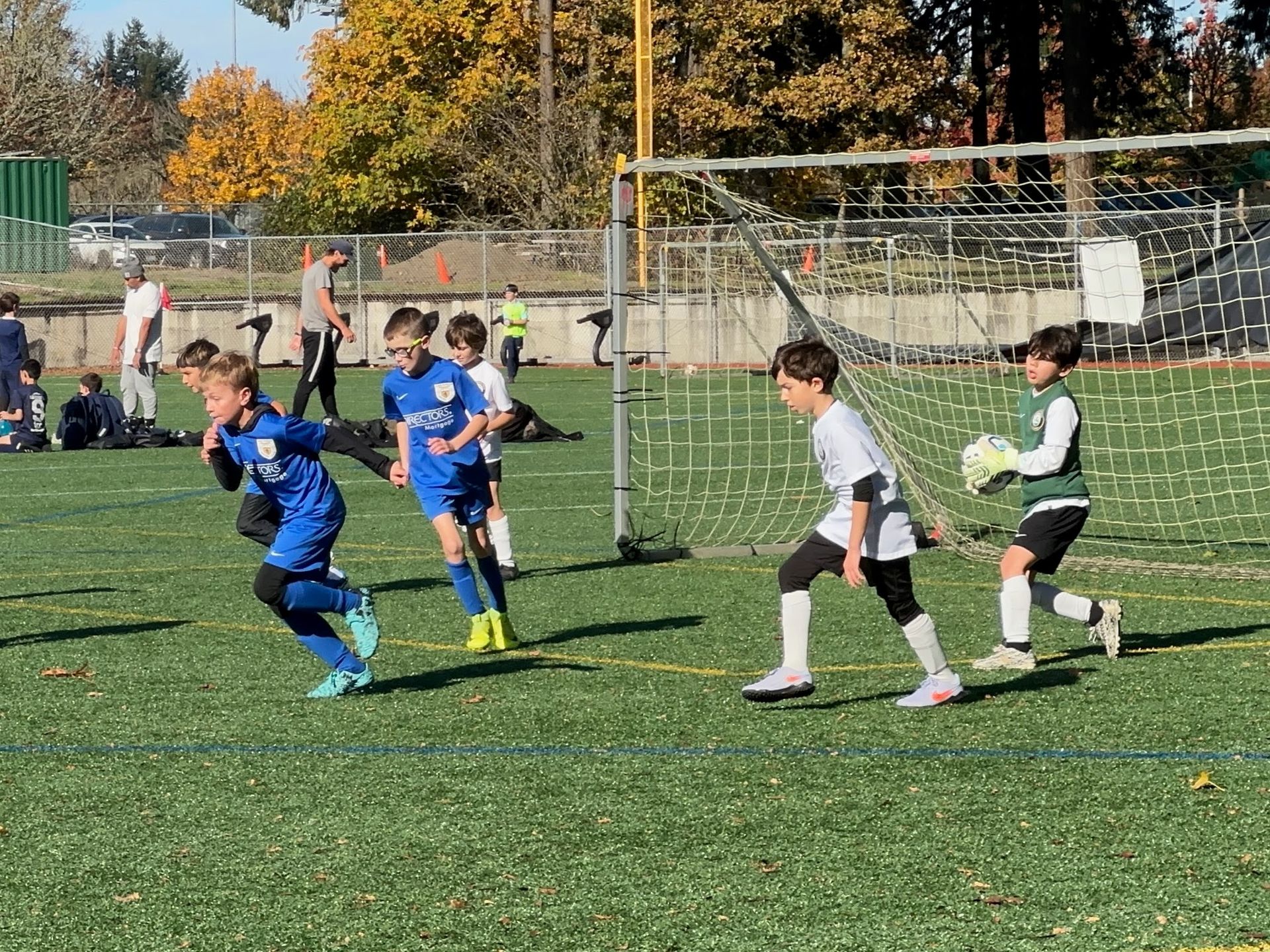 Youth soccer game in progress on a green field. Players in blue and white jerseys are running; one is the goalie.