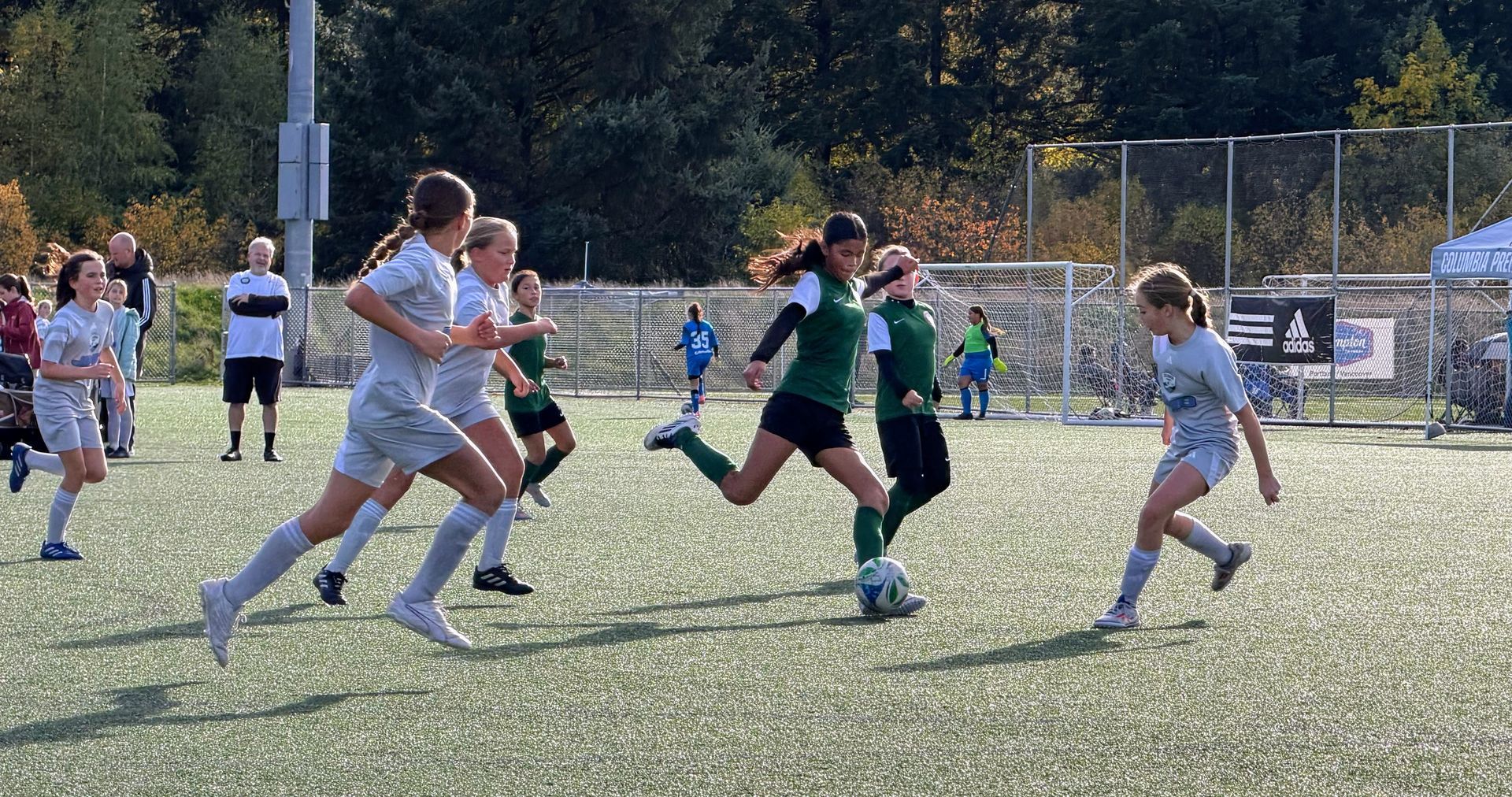 Soccer players in green and gray uniforms on a green field kicking a soccer ball.