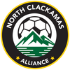 North Clackamas Alliance soccer logo: soccer ball over green mountains, black and yellow circle.
