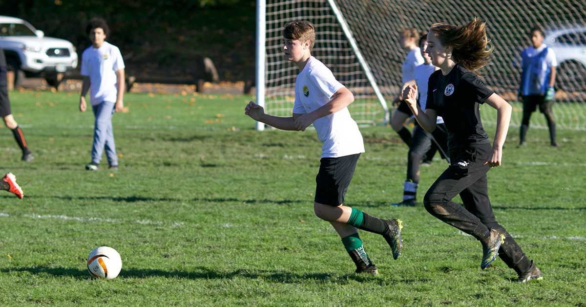 Soccer players run across a green field; one kicks the ball. Others watch, near a goal.