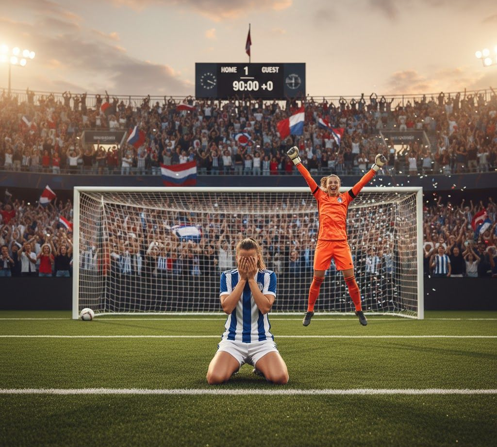 Soccer scene: a player kneels in despair, another leaps in triumph near goal. Crowd cheers. Scoreboard reads 90:00+0.