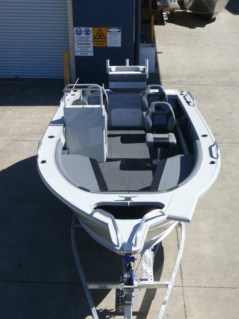 Aluminum Fishing Boat on Trailer, Gray and White, Cockpit Area, and Bow — In Tune Marine in Mount Isa, QLD