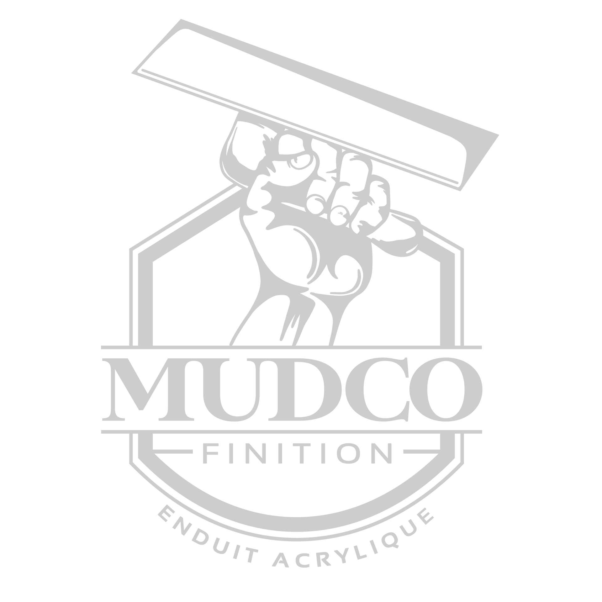 Logo de Mudco Finition. Une main tenant une truelle, avec les inscriptions « MUDCO FINITION » et « Enduit Acrylique ».