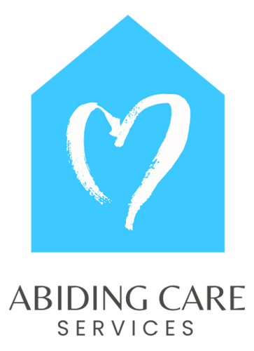 A logo for abiding care services with a blue house and a white heart