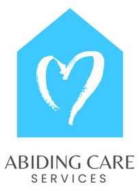 A logo for abiding care services with a blue house and a white heart