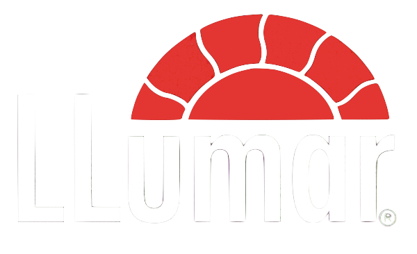 A red and white logo for a company called llumar