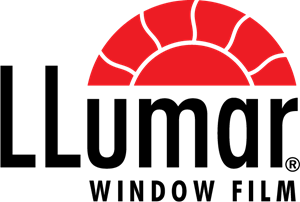 The logo for llumar window film has a red sun on it.