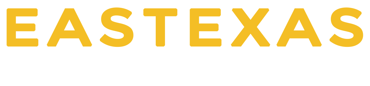 The word eastexas is written in yellow letters on a white background.